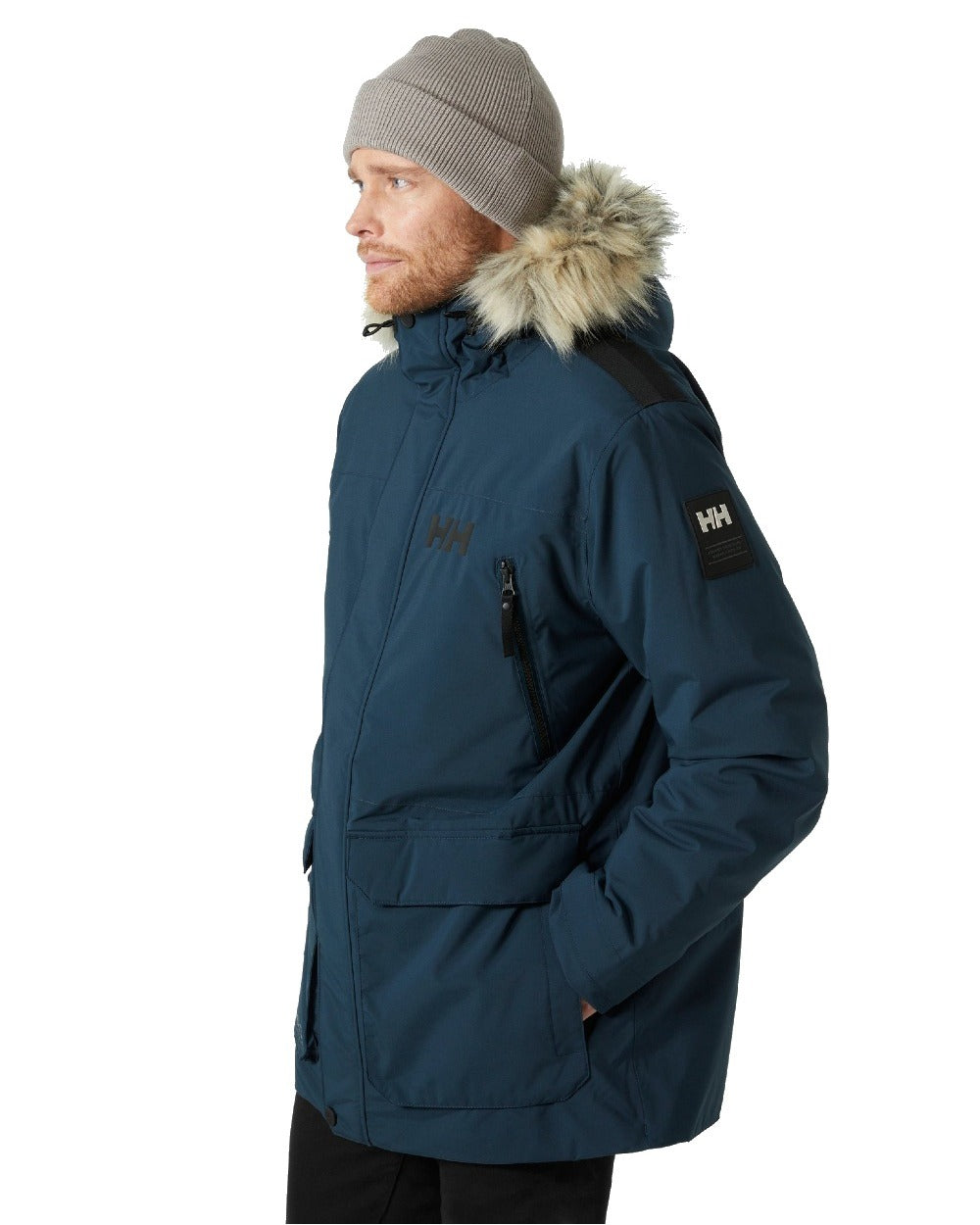 Midnight coloured Helly Hansen Mens Reine Winter Parka on white background