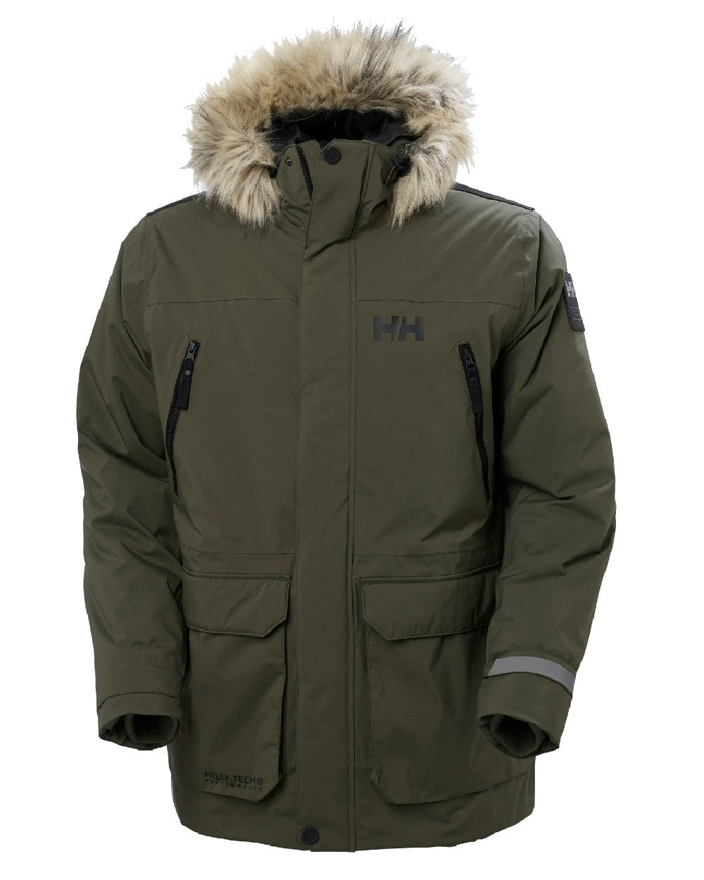 Utility Green coloured Helly Hansen Mens Reine Winter Parka on white background