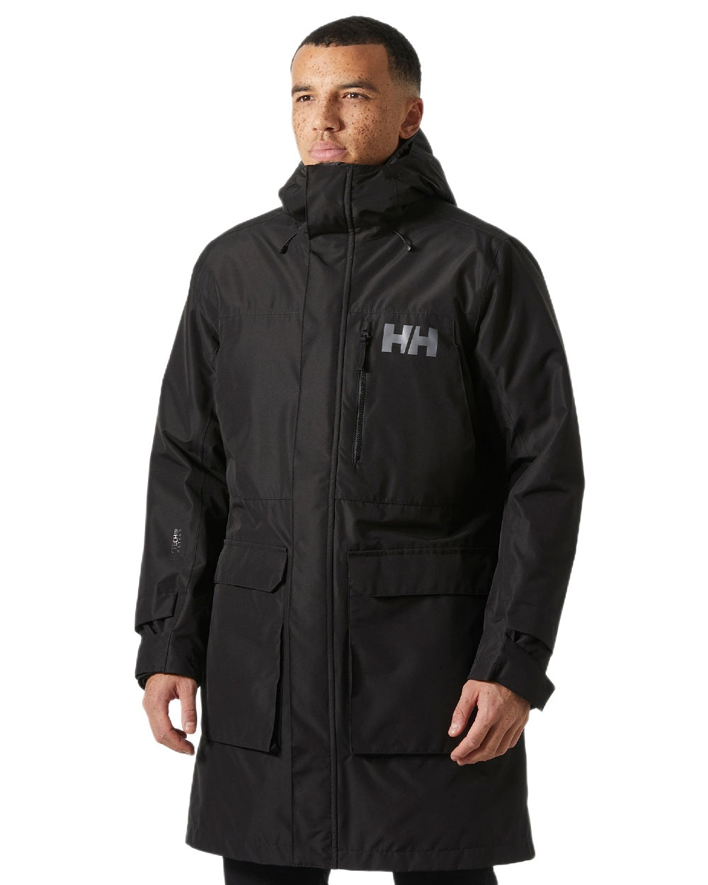 Black Coloured Helly Hansen Mens Rigging Coat on white background