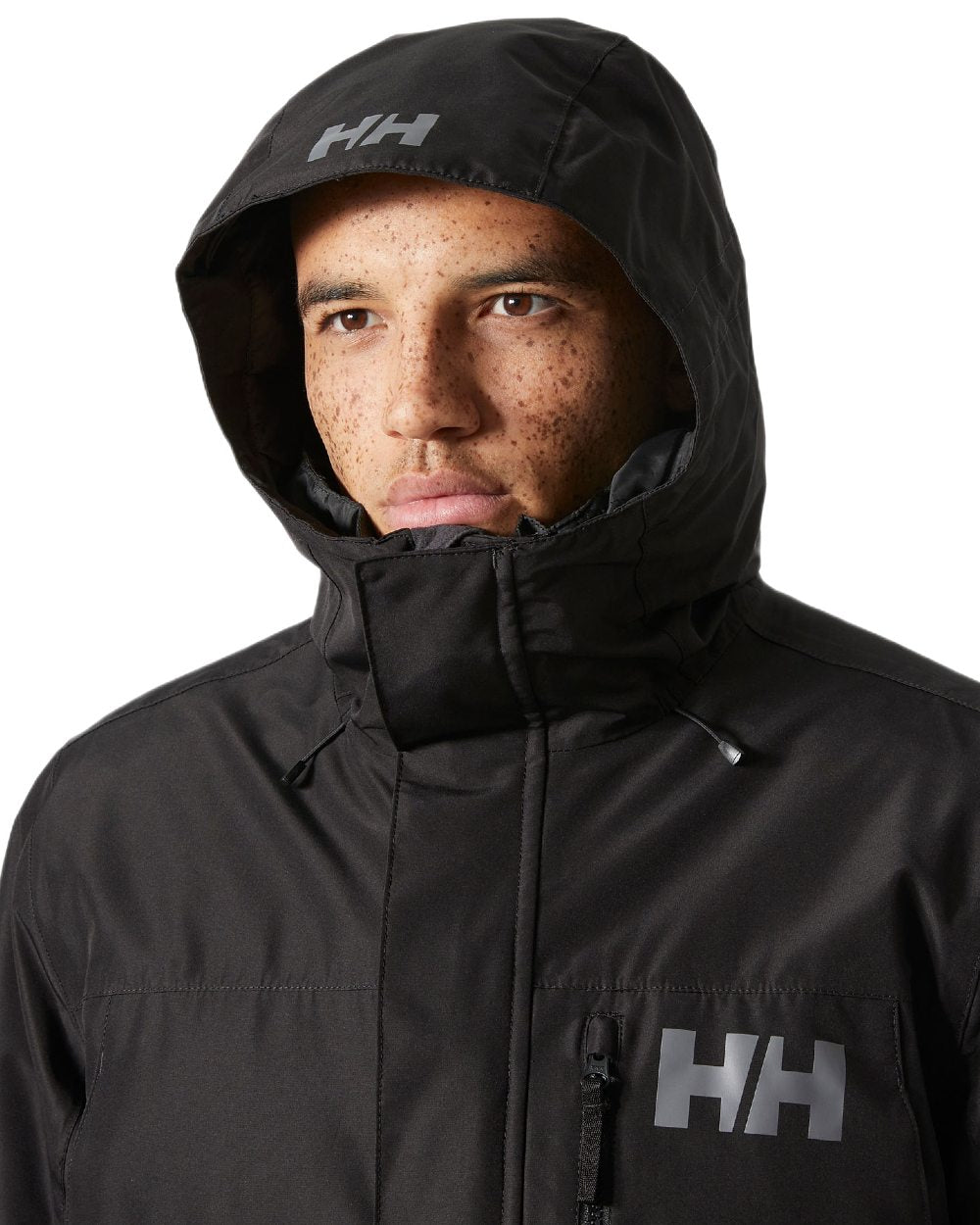 Black Coloured Helly Hansen Mens Rigging Coat on white background