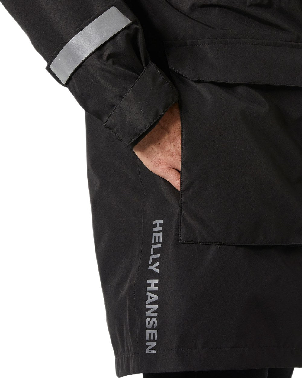 Black Coloured Helly Hansen Mens Rigging Coat on white background