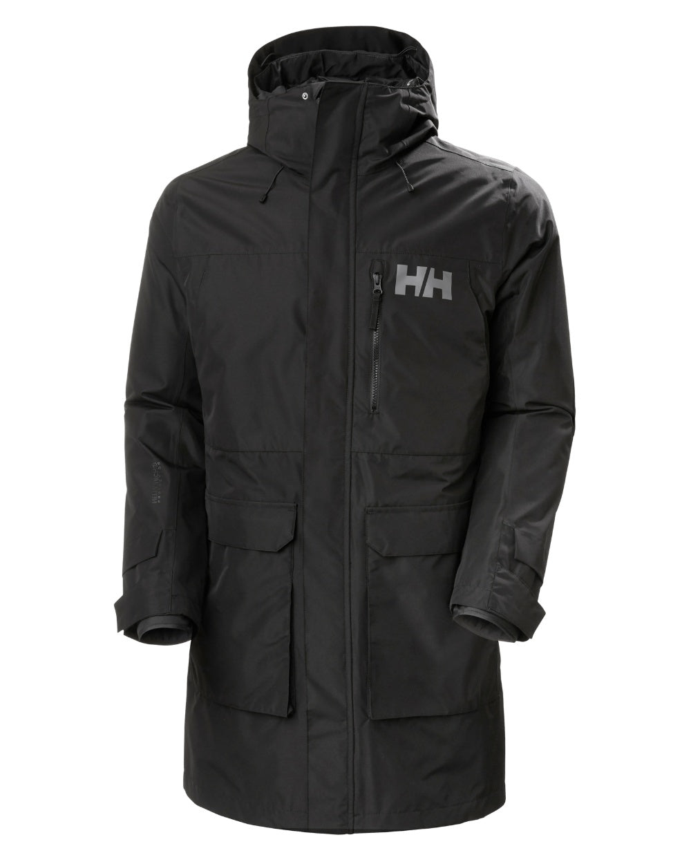 Black Coloured Helly Hansen Mens Rigging Coat on white background