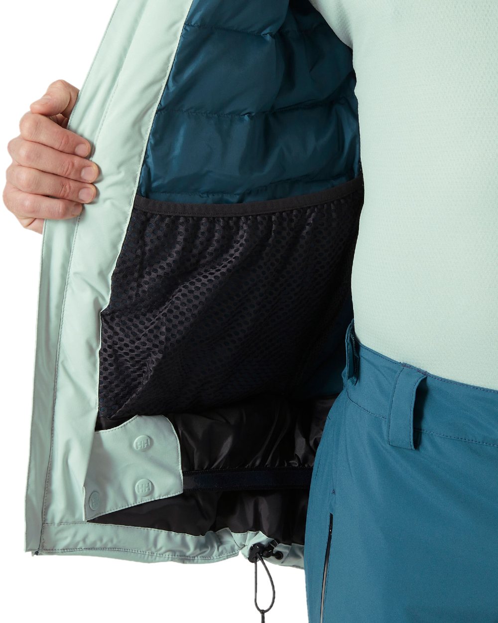 Green Mist Coloured Helly Hansen Mens Swift Team Insulated Ski Jacket on white background