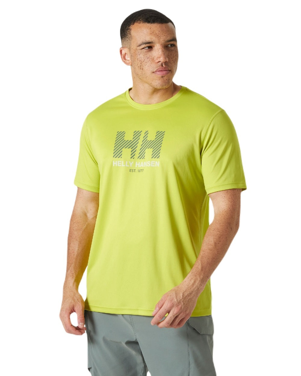 Cyber Lime coloured Helly Hansen Mens Tech Graphic T-Shirt 2.0 on white background