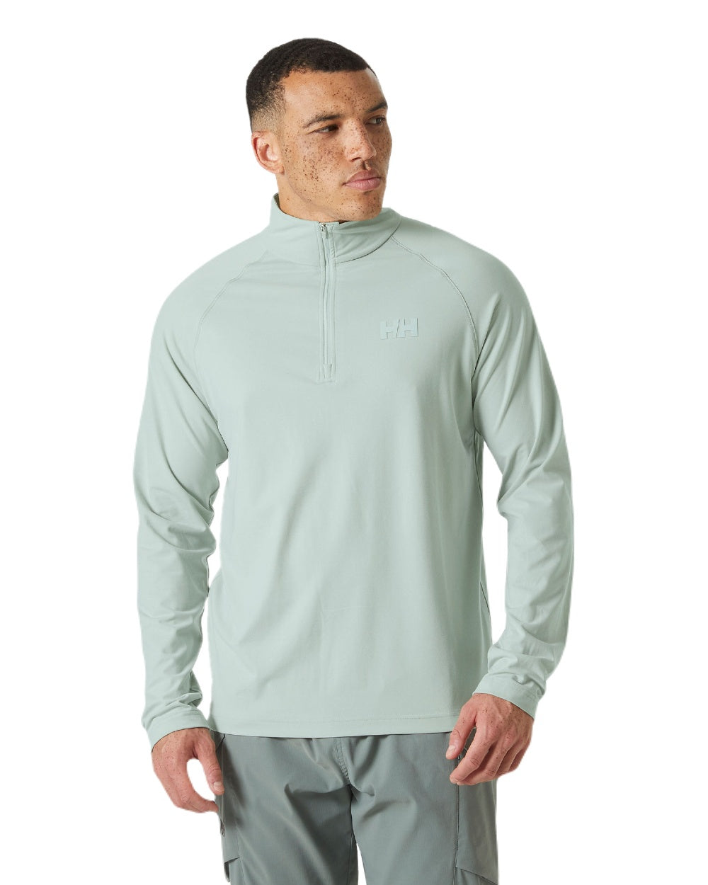 Green Mist Melange coloured Helly Hansen Mens Tyri Knit Half Zip Pullover on white background