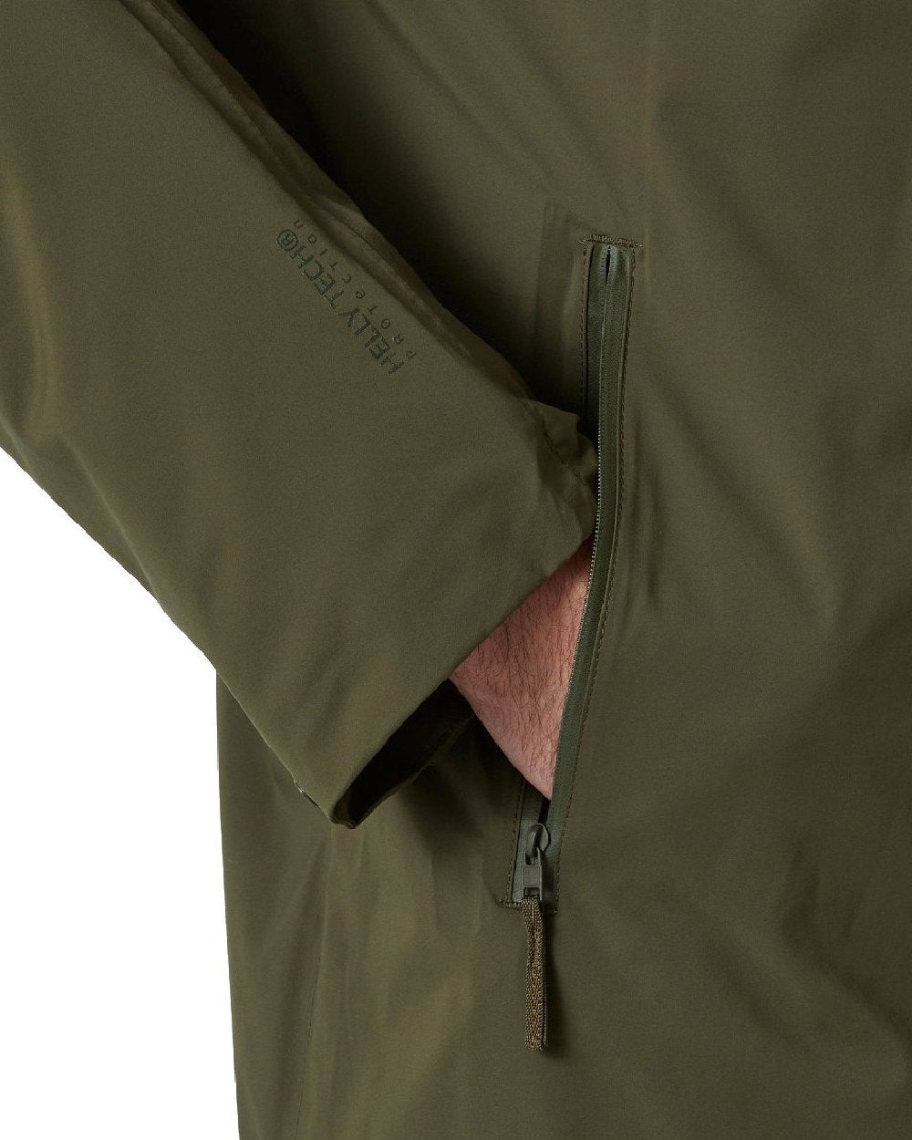 Utility Green Coloured Helly Hansen Mens Urban Pro Insulated Raincoat on white background