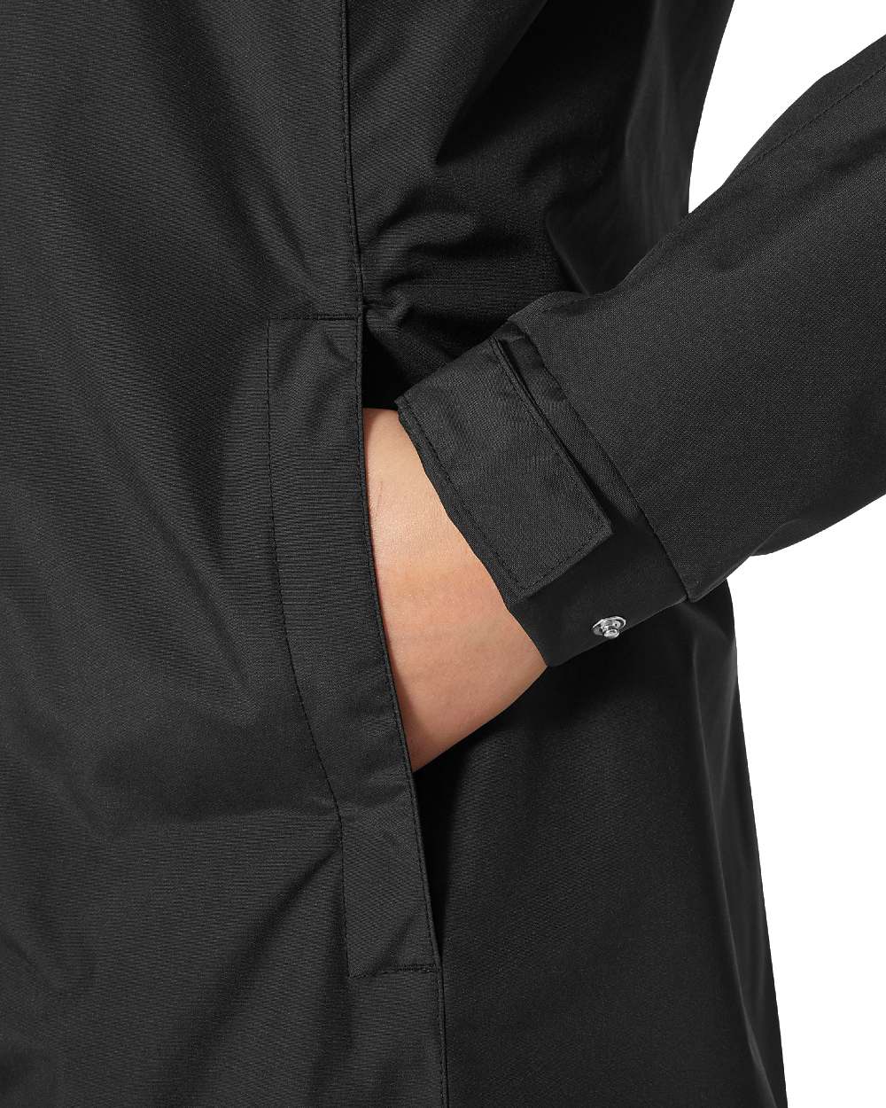 Black coloured Helly Hansen Womens Aden Long Rain Coat on white background