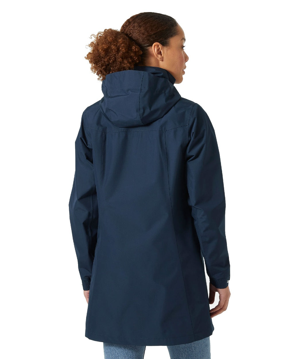 Navy coloured Helly Hansen Womens Aden Long Rain Coat on white background