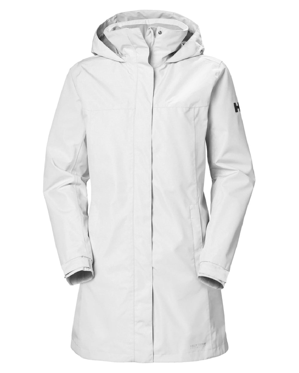 White coloured Helly Hansen Womens Aden Long Rain Coat on white background