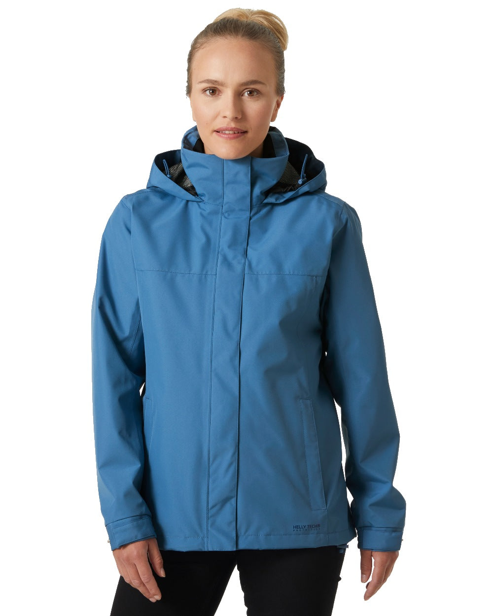 Azurite coloured Helly Hansen Womens Aden Rain Jacket on white background