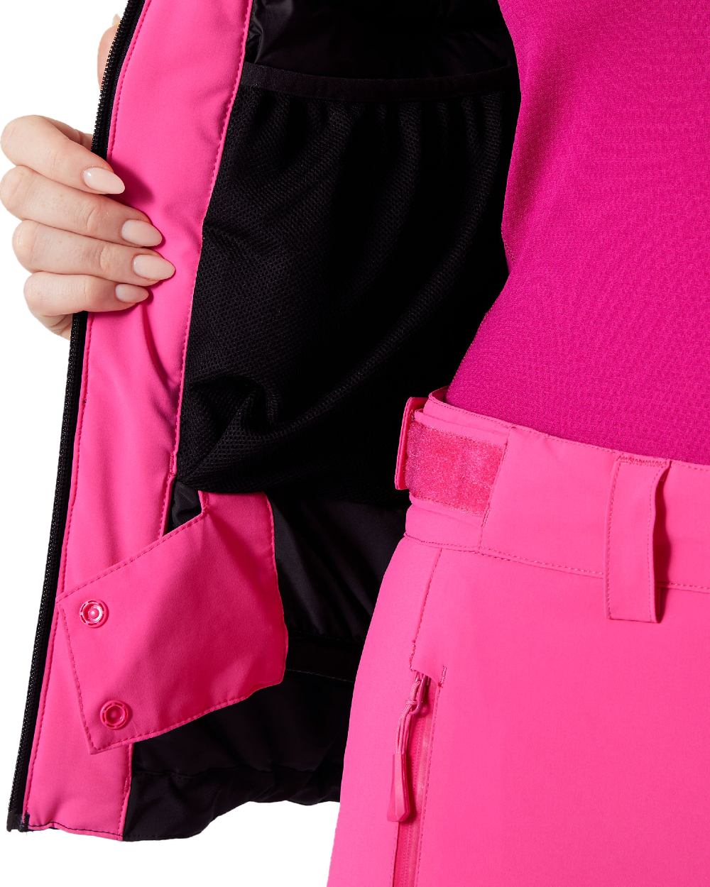 Dragon Fruit Black Coloured Helly Hansen Womens Alphelia Ski Jacket on white background