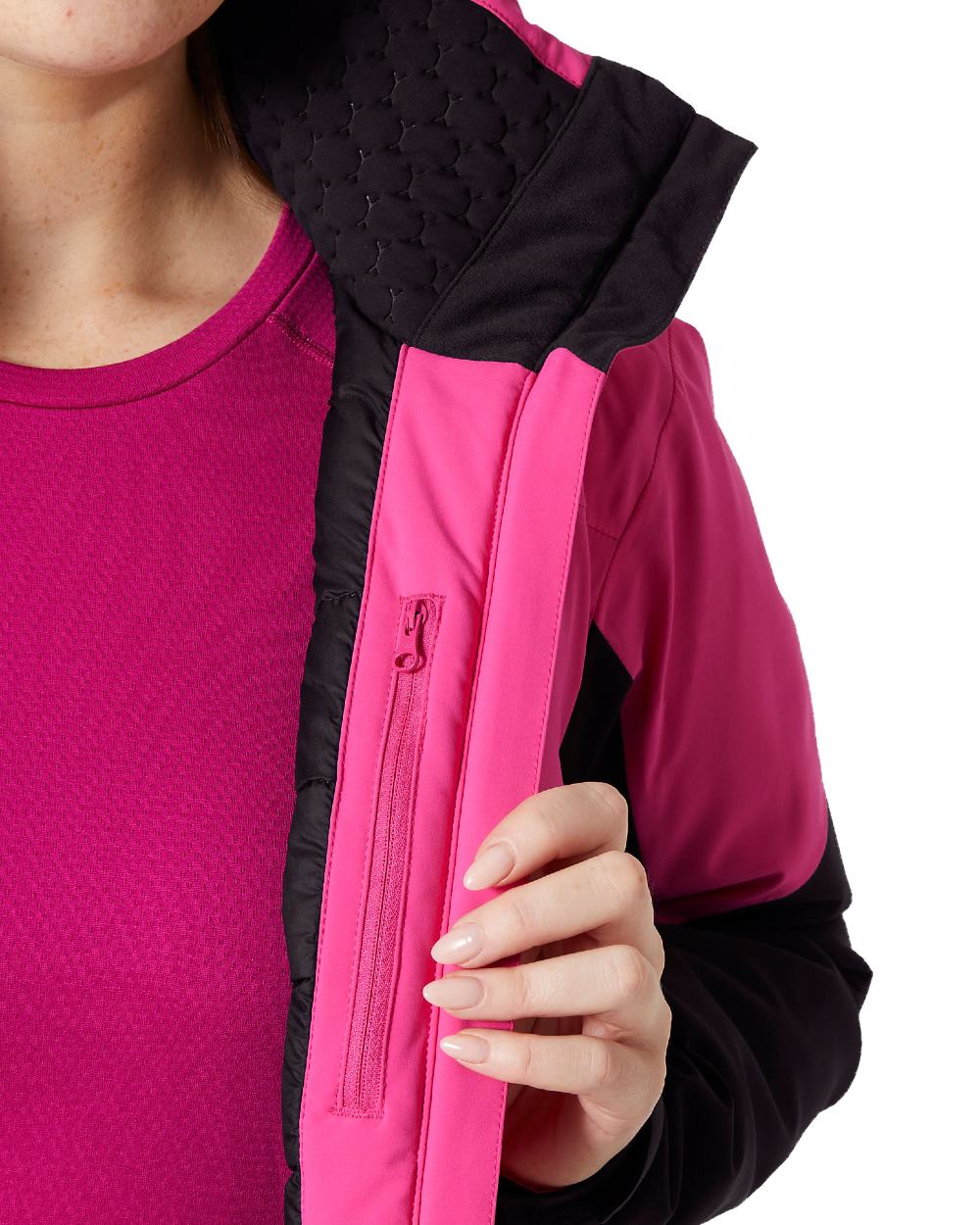 Dragon Fruit Black Coloured Helly Hansen Womens Alphelia Ski Jacket on white background