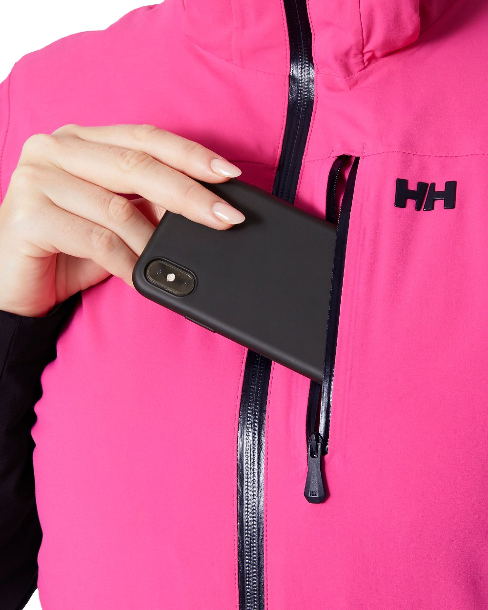 Dragon Fruit Black Coloured Helly Hansen Womens Alphelia Ski Jacket on white background