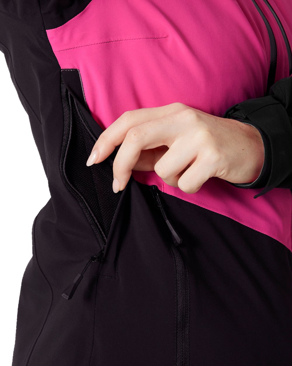 Dragon Fruit Black Coloured Helly Hansen Womens Alphelia Ski Jacket on white background