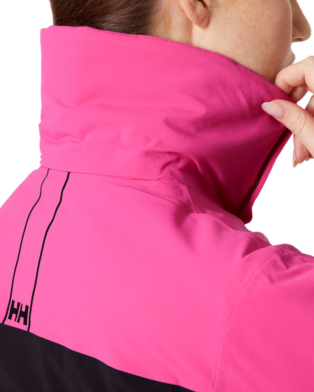 Dragon Fruit Black Coloured Helly Hansen Womens Alphelia Ski Jacket on white background