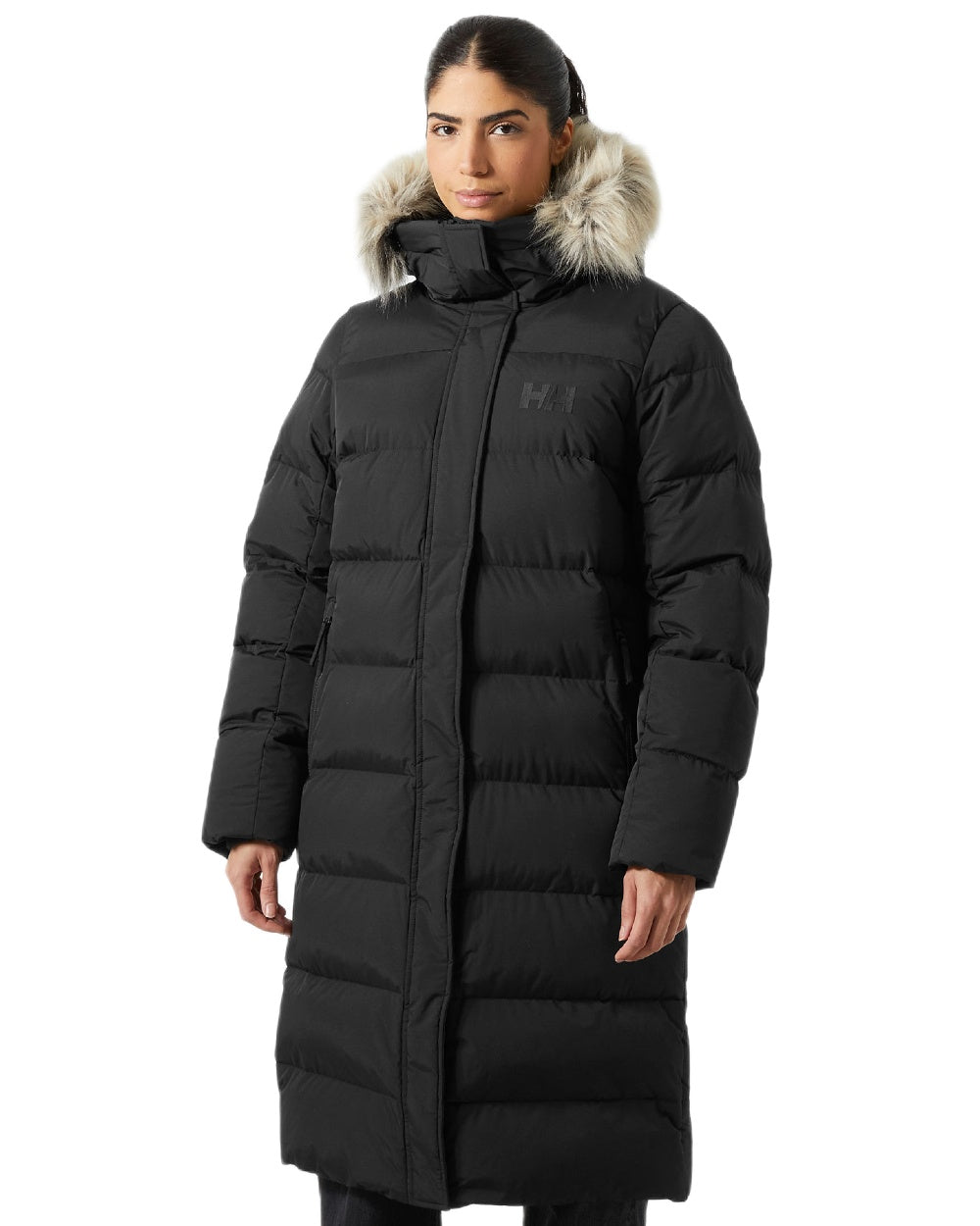 Black Coloured Helly Hansen Womens Aria Long Parka on white background
