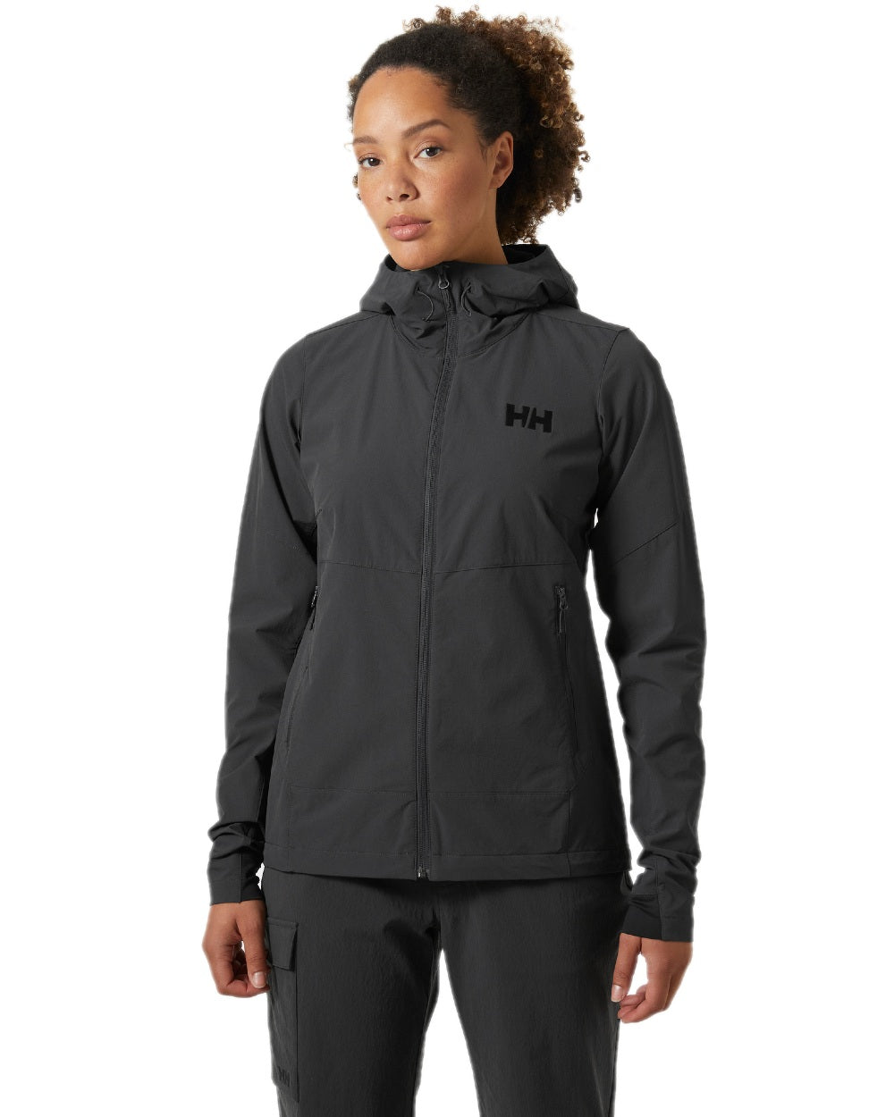 Ebony Coloured Helly Hansen Womens Blaze Hooded Softshell Jacket on white background