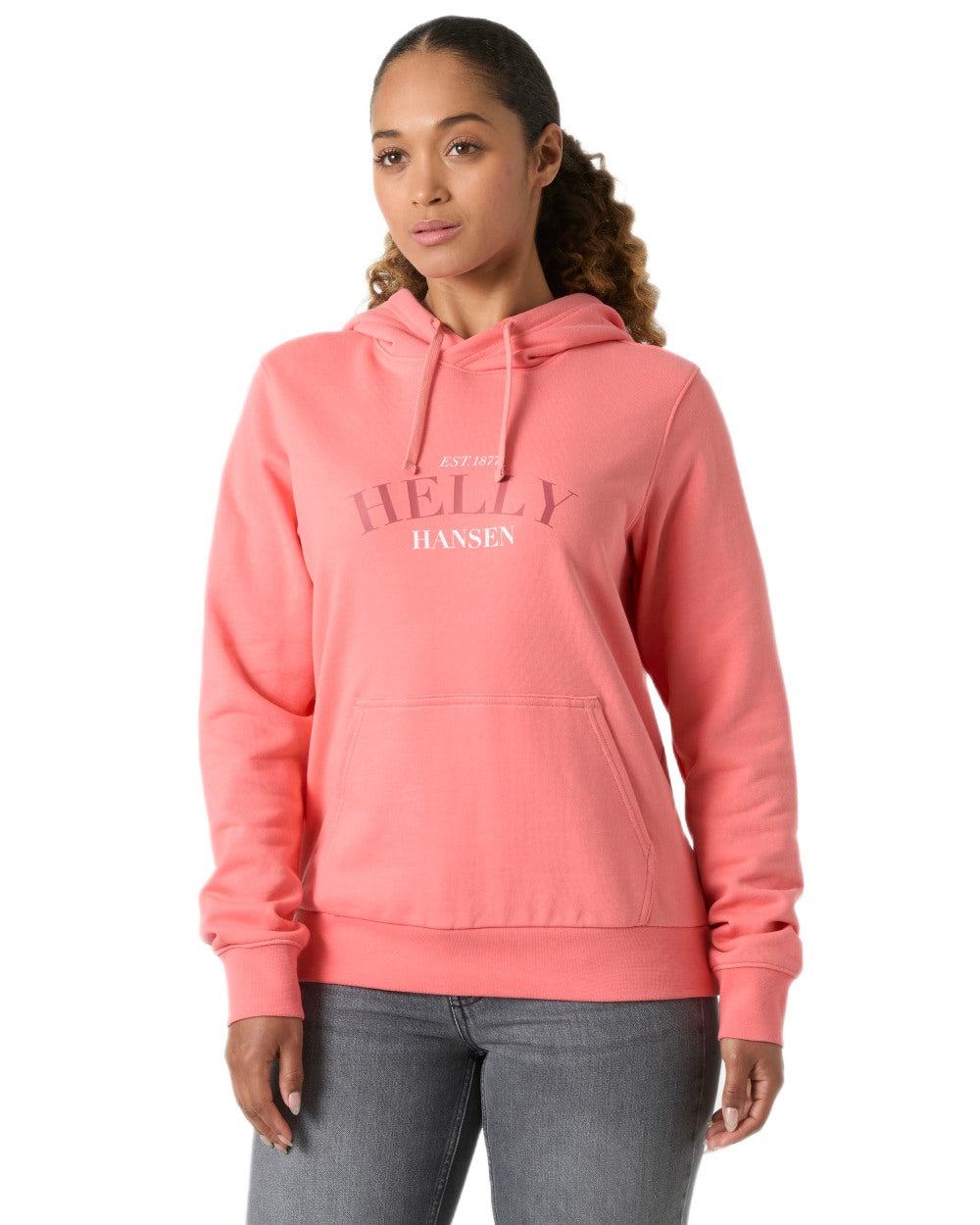 Coral Almond coloured Helly Hansen Womens Core Graphic Hoodie on white background