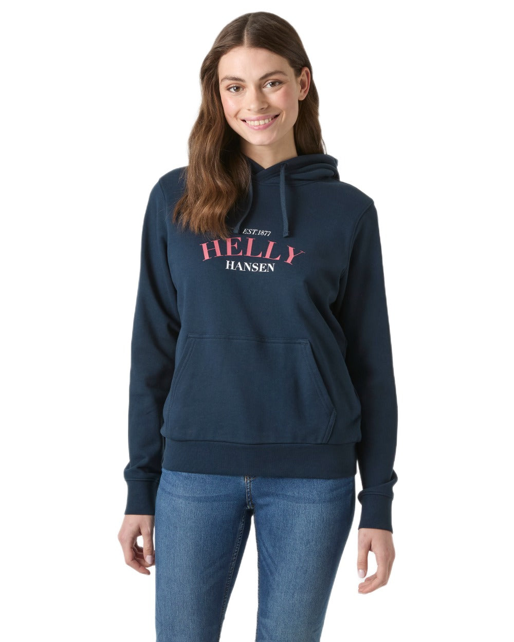 Navy coloured Helly Hansen Womens Core Graphic Hoodie on white background