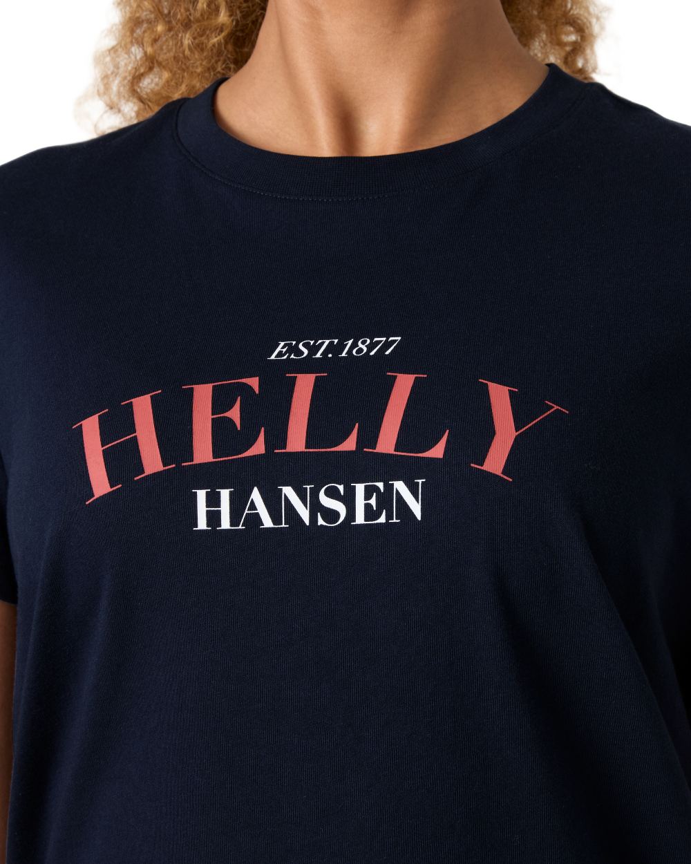 Navy coloured Helly Hansen Womens Core Graphic T-Shirt 2.0 on white background