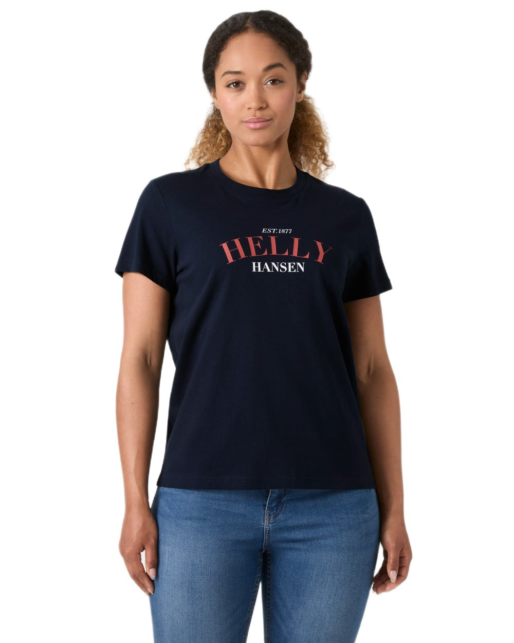 Navy coloured Helly Hansen Womens Core Graphic T-Shirt 2.0 on white background