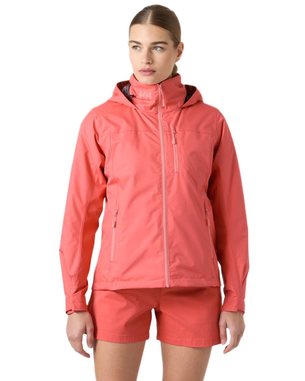Sunset Pink Coloured Helly Hansen Womens Crew Hooded Midlayer Sailing Jacket 2.0 On A White Background