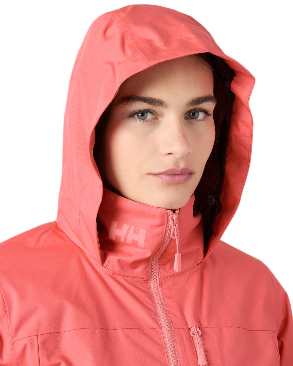 Sunset Pink Coloured Helly Hansen Womens Crew Hooded Midlayer Sailing Jacket 2.0 On A White Background