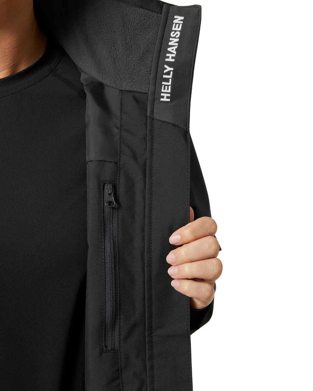 Black coloured Helly Hansen womens crew hooded sailing jacket 2.0 on white background