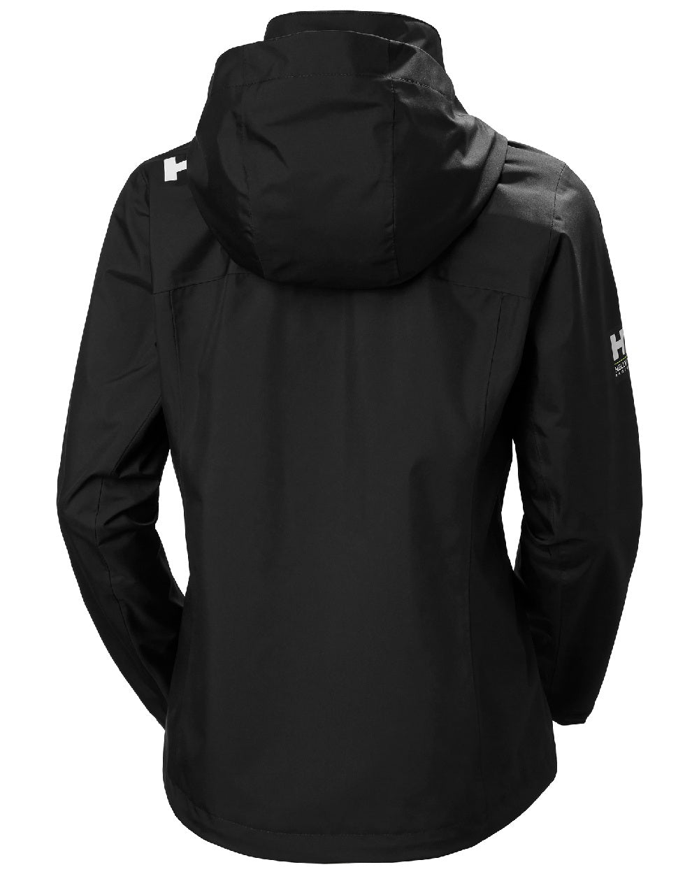 Black coloured Helly Hansen womens crew hooded sailing jacket 2.0 on white background