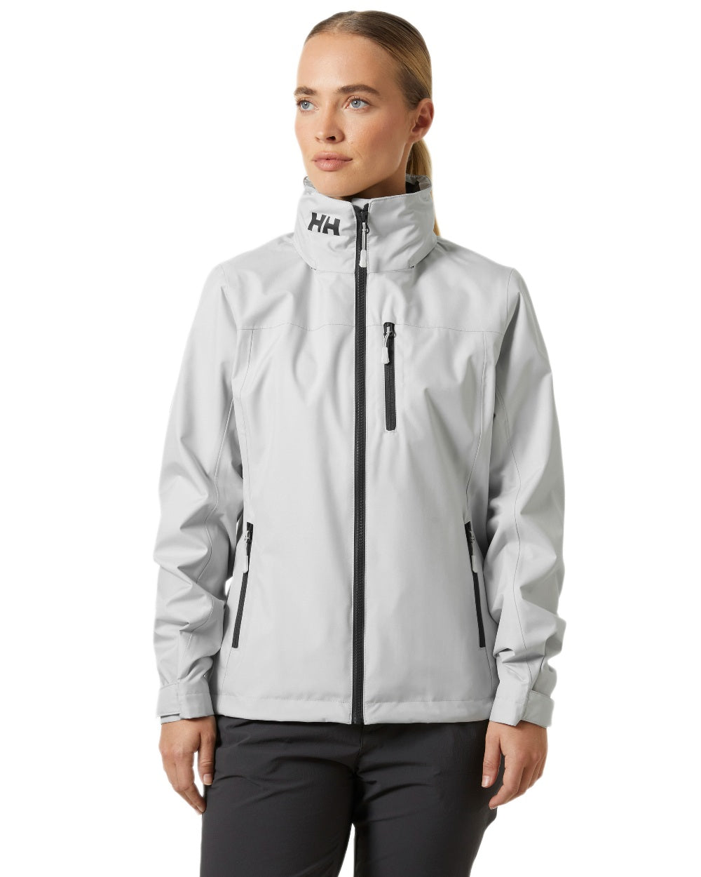 Grey Fog Coloured Helly Hansen womens crew hooded sailing jacket 2.0 on white background