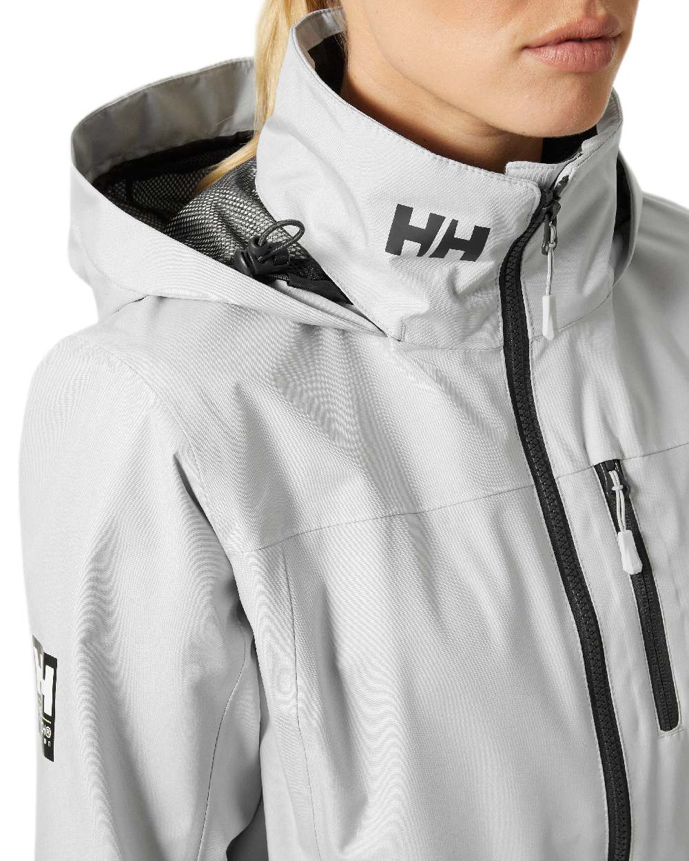 Grey Fog Coloured Helly Hansen womens crew hooded sailing jacket 2.0 on white background