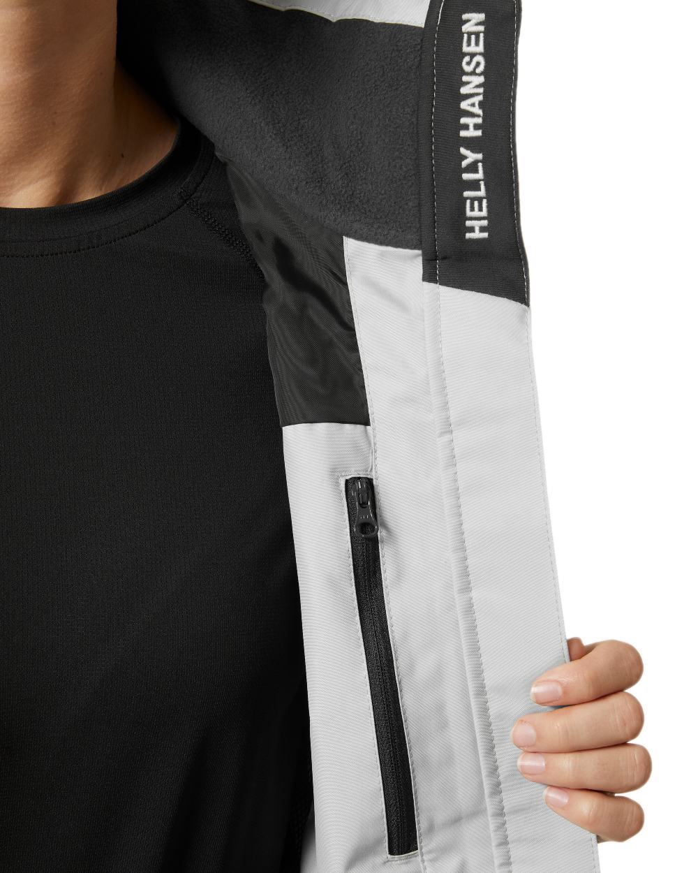 Grey Fog Coloured Helly Hansen womens crew hooded sailing jacket 2.0 on white background