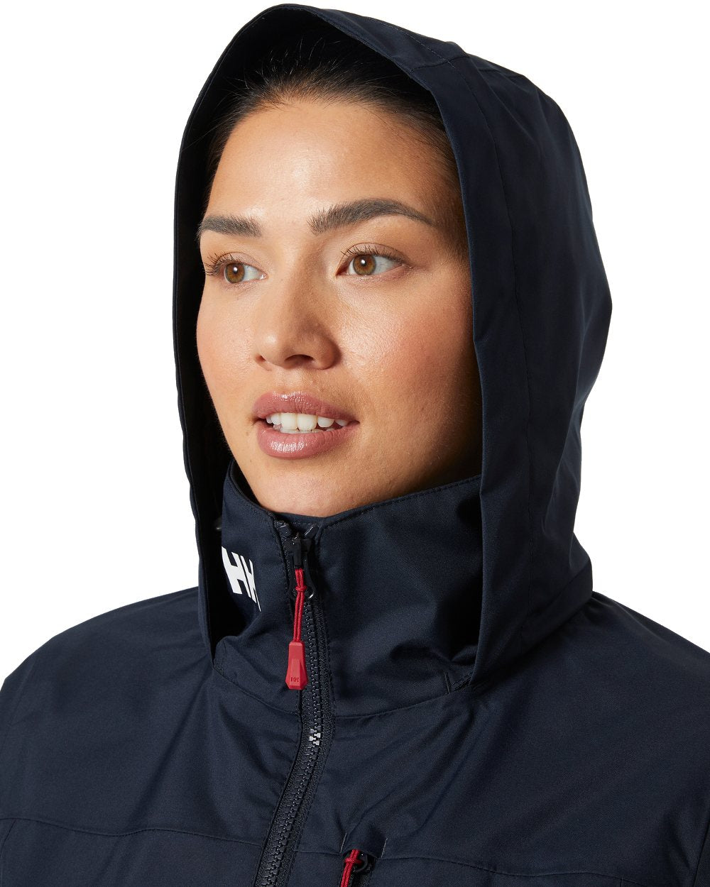 Navy coloured Helly Hansen womens crew hooded sailing jacket 2.0 on white background