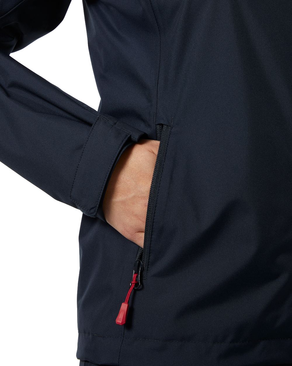 Navy coloured Helly Hansen womens crew hooded sailing jacket 2.0 on white background