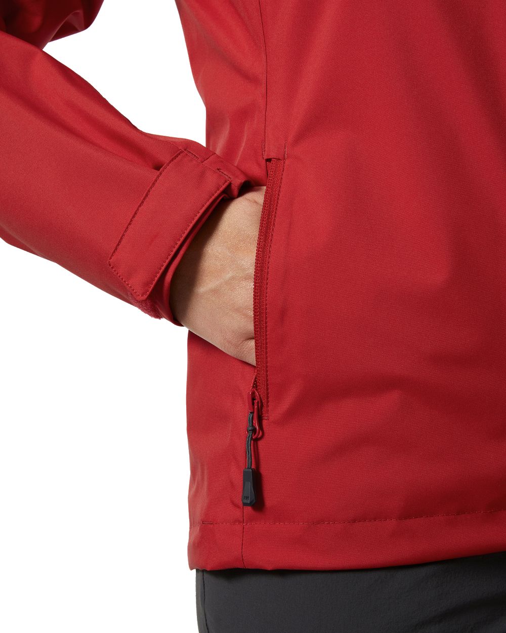 Red coloured Helly Hansen womens crew hooded sailing jacket 2.0 on white background