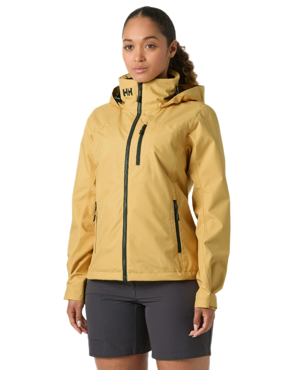 Sand Coloured Helly Hansen womens crew hooded sailing jacket 2.0 on white background
