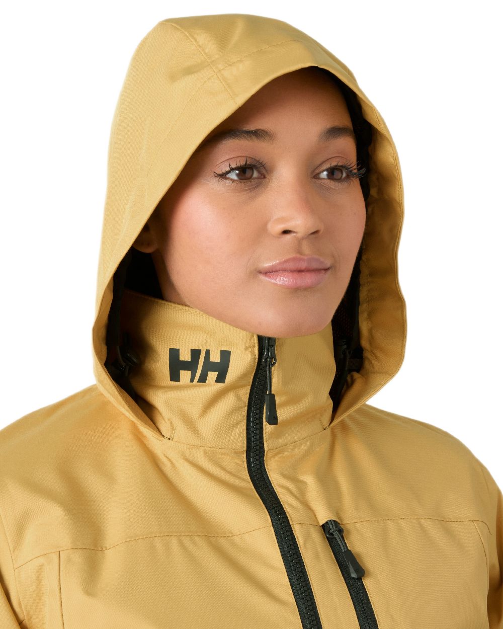 Sand Coloured Helly Hansen womens crew hooded sailing jacket 2.0 on white background