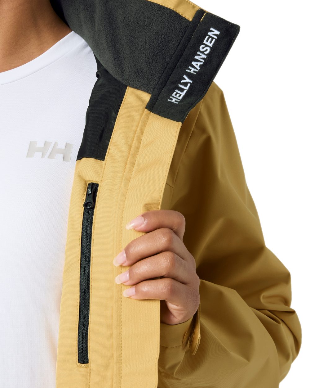 Sand Coloured Helly Hansen womens crew hooded sailing jacket 2.0 on white background