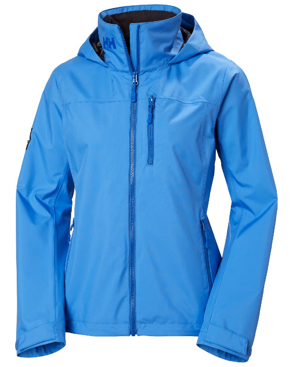 Ultra Blue coloured Helly Hansen womens crew hooded sailing jacket 2.0 on white background