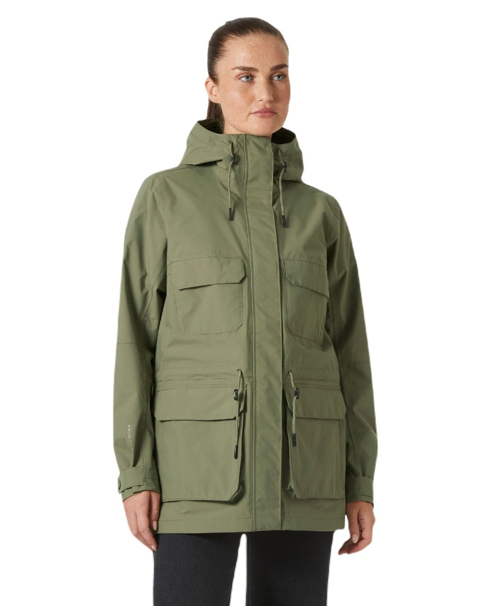 Lav Green coloured Helly Hansen Womens Escape Utility Raincoat on white background