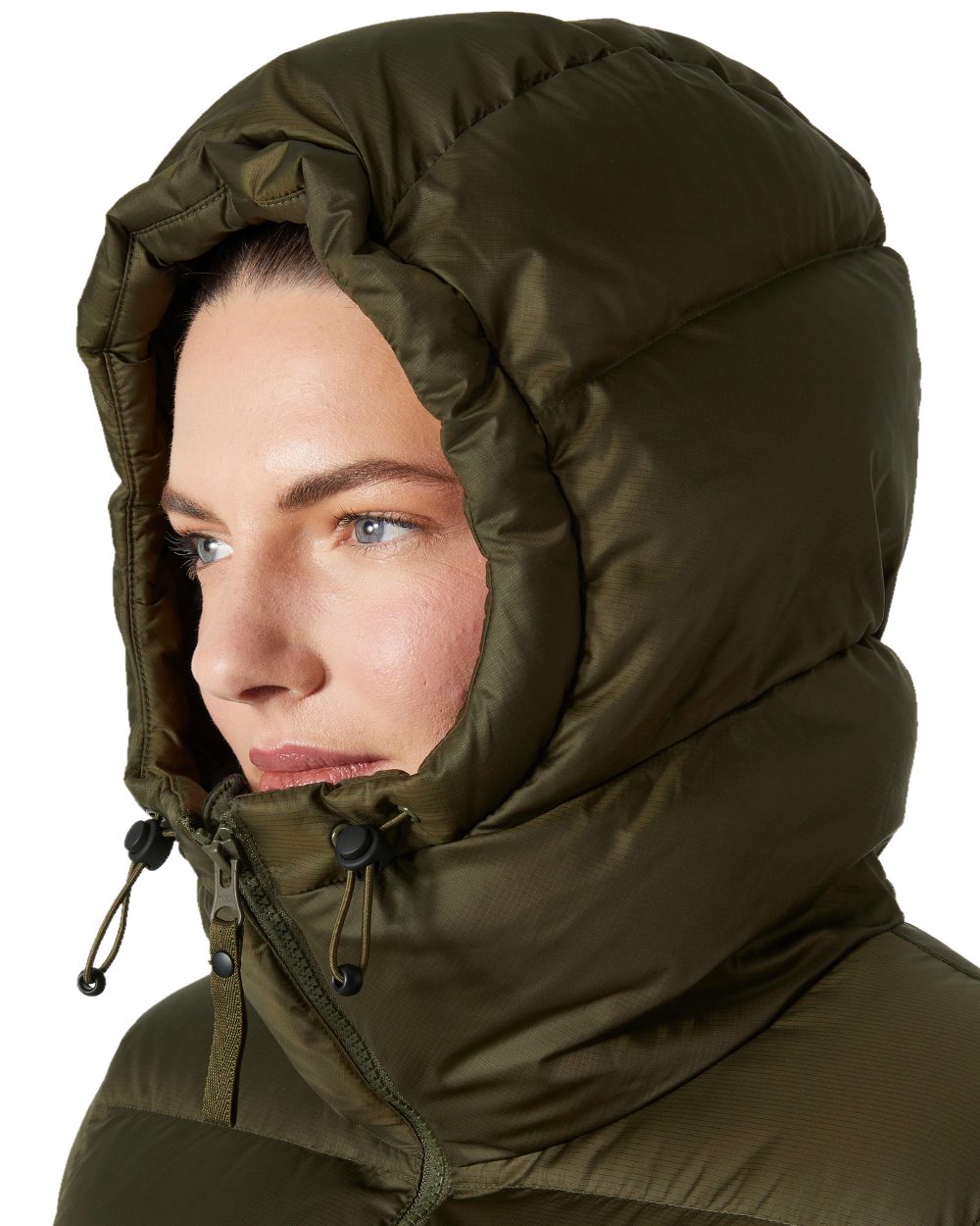 Utility Green Coloured Helly Hansen Womens Essence Down Jacket on white background