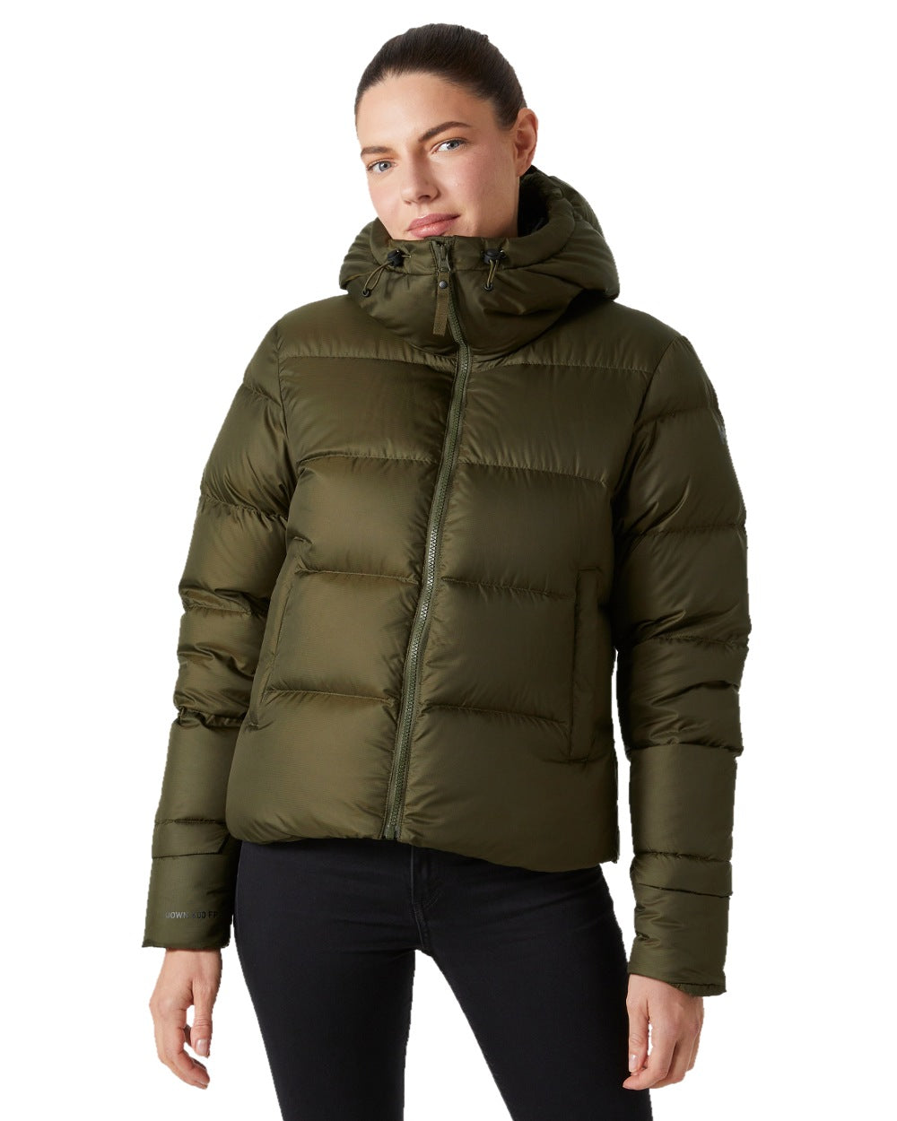 Utility Green Coloured Helly Hansen Womens Essence Down Jacket on white background