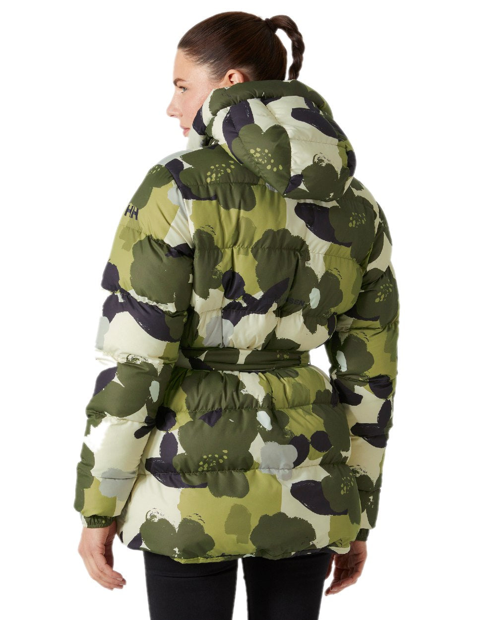 Utility Green Print Coloured Helly Hansen Womens Grace Puffy Parka on white background