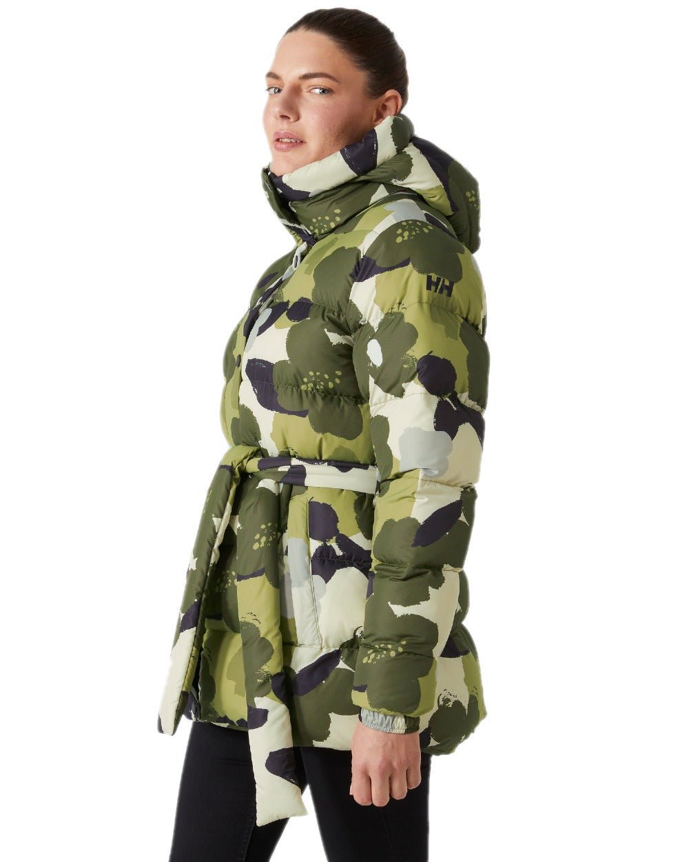 Utility Green Print Coloured Helly Hansen Womens Grace Puffy Parka on white background