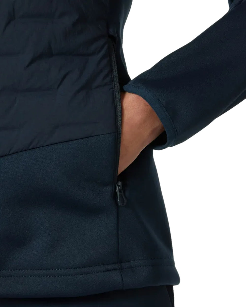 Navy coloured Helly Hansen Womens HP Hybrid Stretch Insulator Jacket on white background