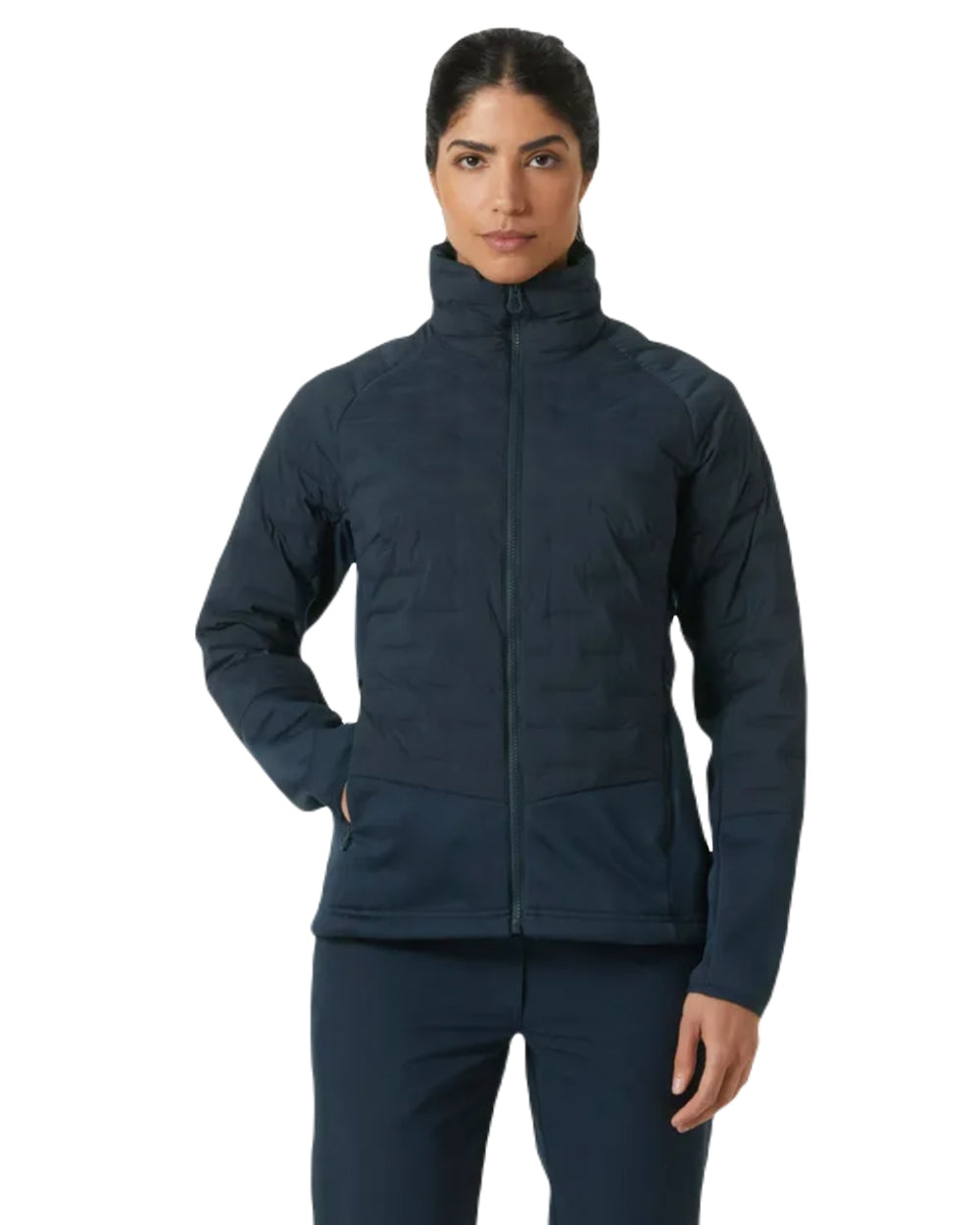 Navy coloured Helly Hansen Womens HP Hybrid Stretch Insulator Jacket on white background