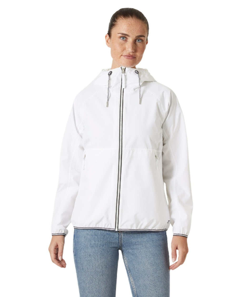 White coloured Helly Hansen Womens Koster Rain Jacket on white background