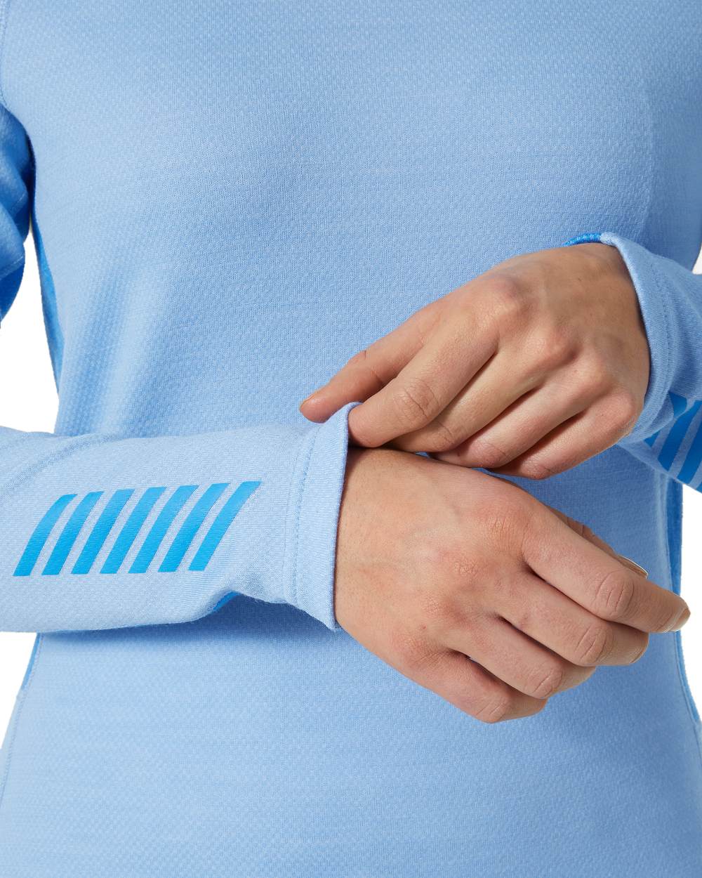 Bright Blue Coloured Helly Hansen Womens Lifa Merino Midweight Crew Base Layer on white background