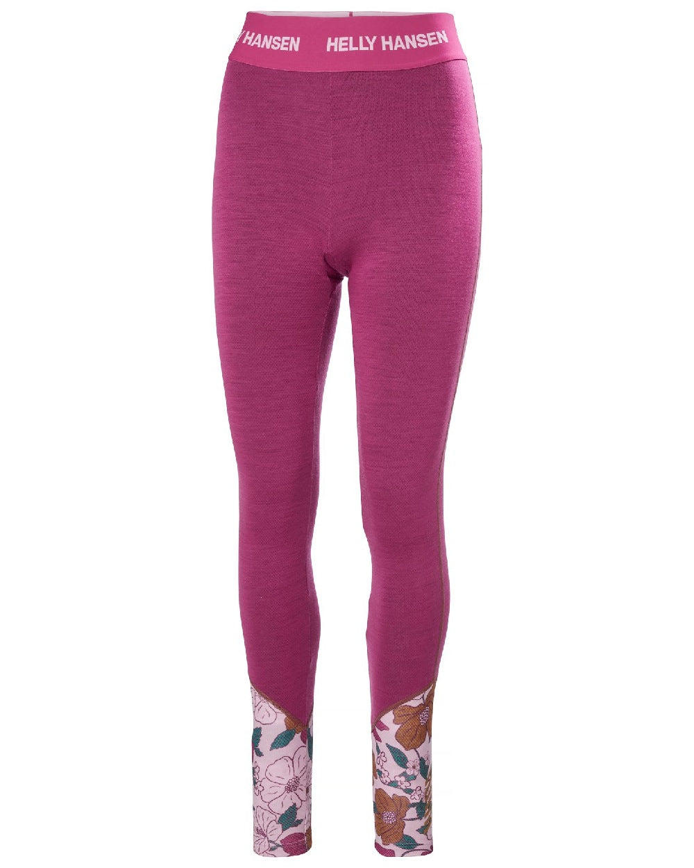 Magenta 2 Floral Aop Coloured Helly Hansen Womens Lifa Merino Midweight Graphic Base Layer Pants on white background