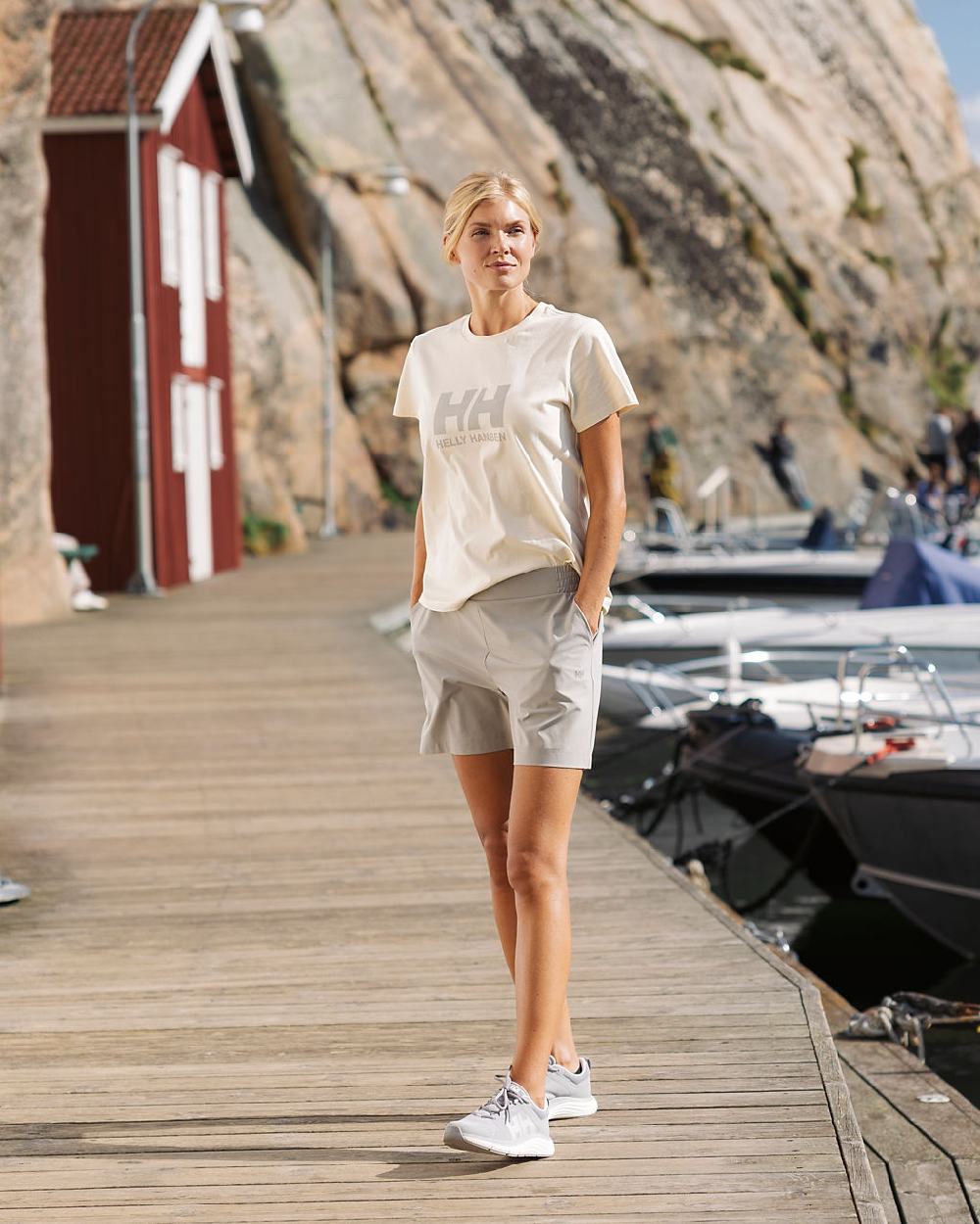 Cream cloured Helly Hansen Womens Logo T-Shirt 3.0 on port background